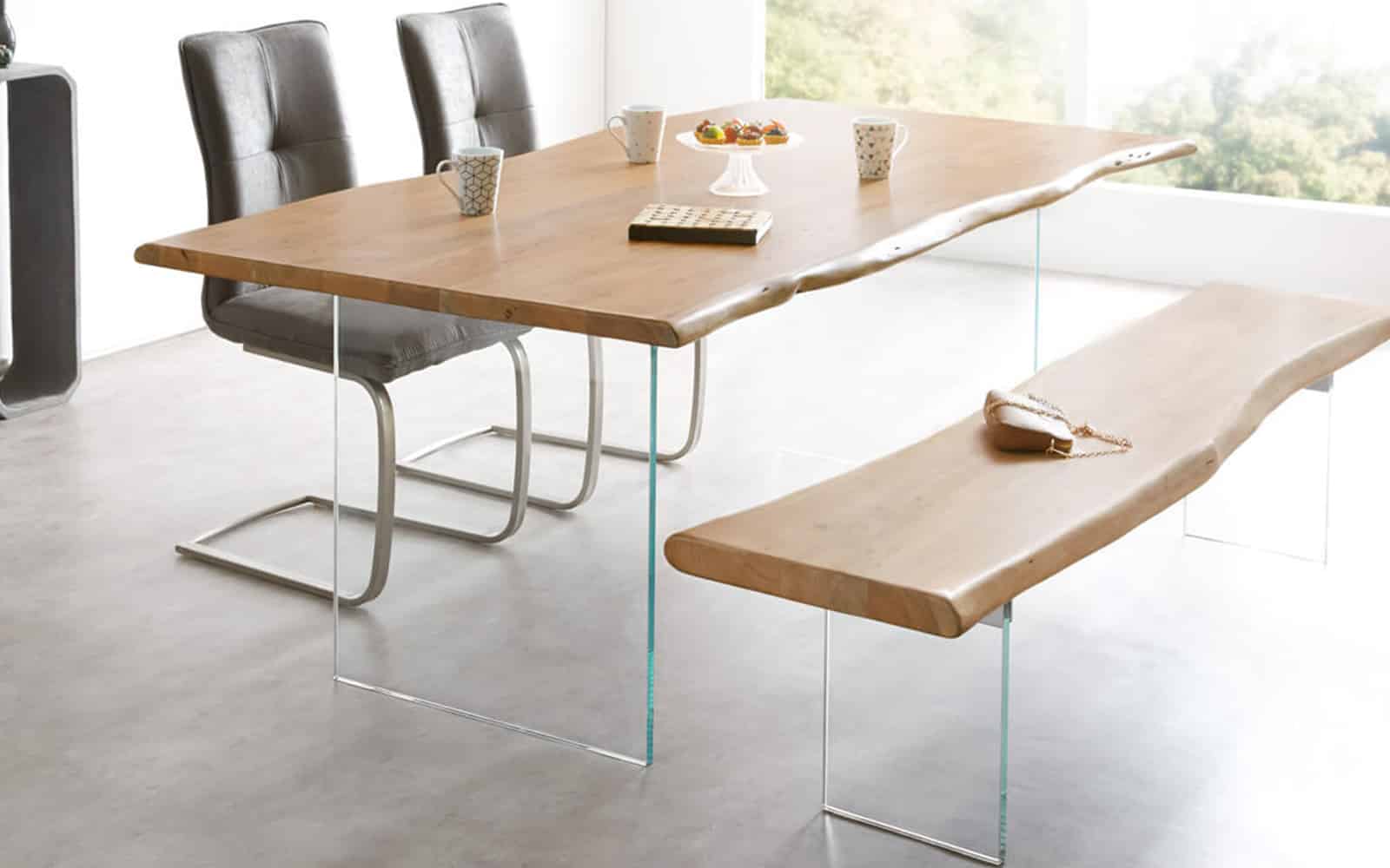 Masă Dining Roger, Stejar, Picioare Sticlă, 200/220/240/260 x 100 x 78 cm din lemn masiv