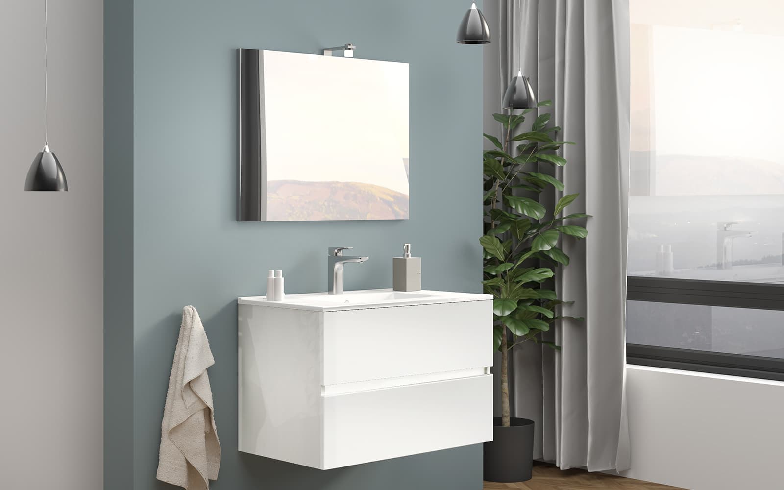 Set Mobilier Baie Suspendat Craig, Alb Lucios, 60/80 cm din lemn masiv