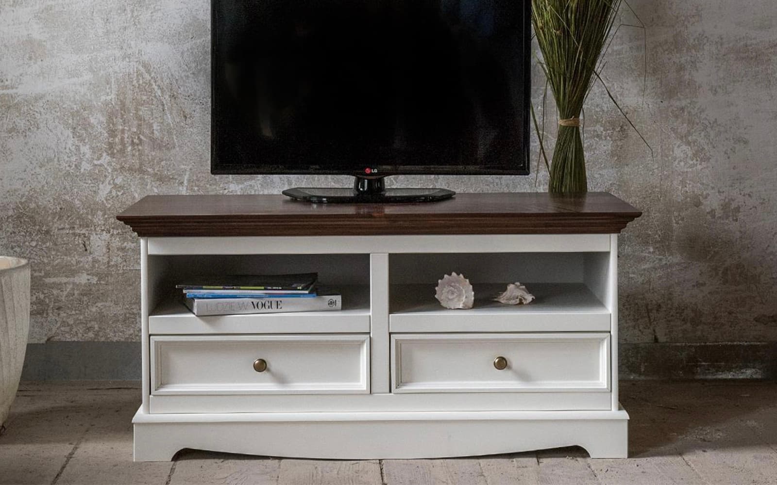 Comodă TV Linea, Lemn Masiv, 111x53x53cm, Alb-Nuc