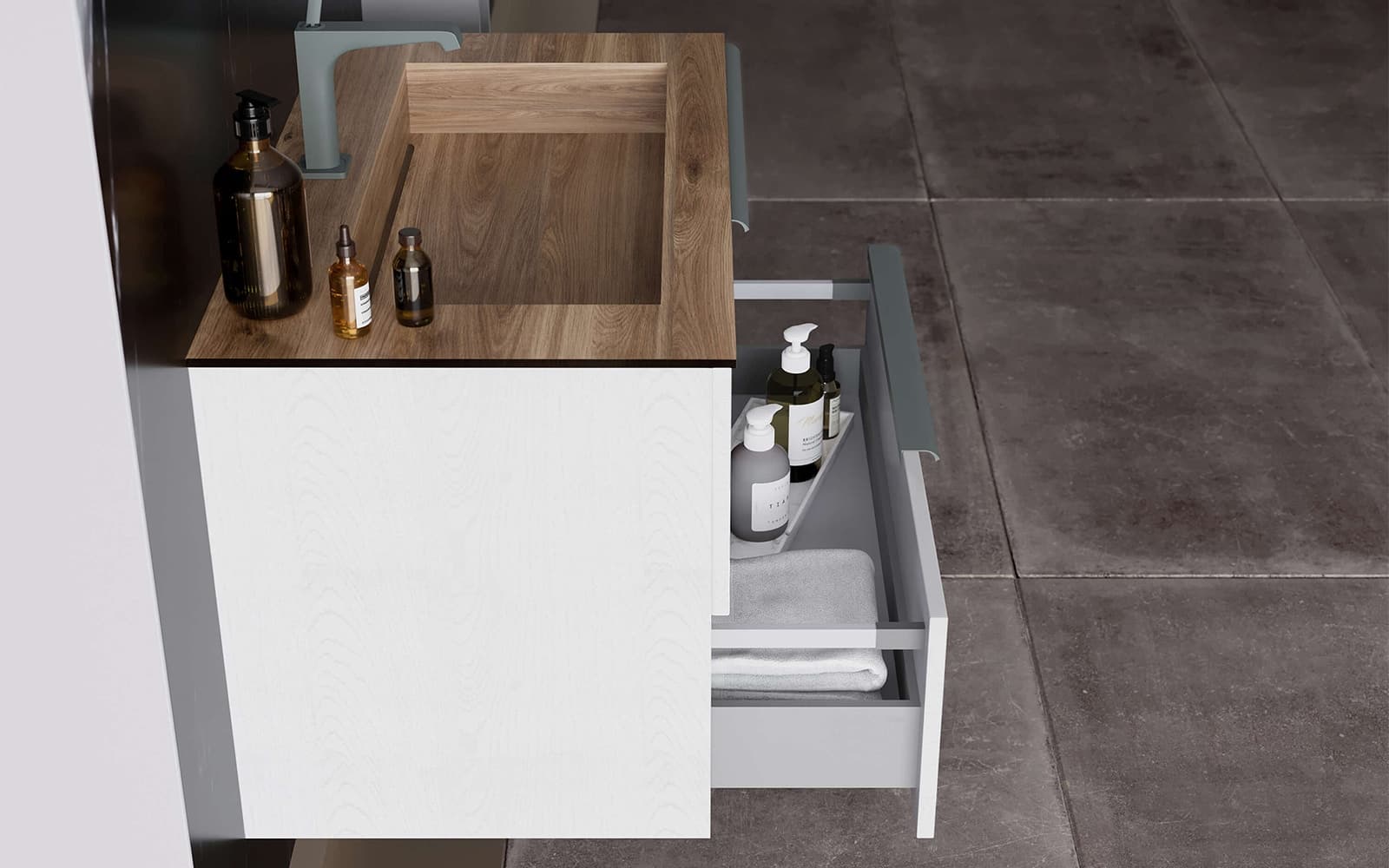 Set Mobilier Baie Suspendat Marco, Greige Texturat, Lavoar HPL