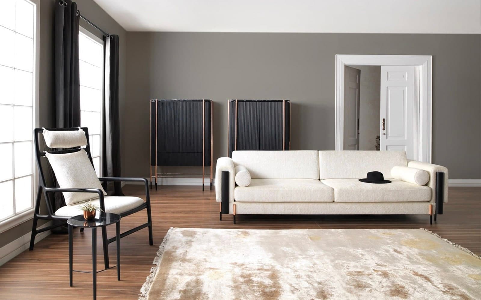 Bufet Înalt Calista, Negru-Rose Gold, L 104 x A 50 x H 150 cm