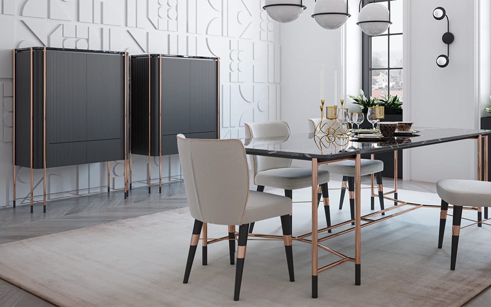Bufet Înalt Calista, Negru-Rose Gold, L 104 x A 50 x H 150 cm