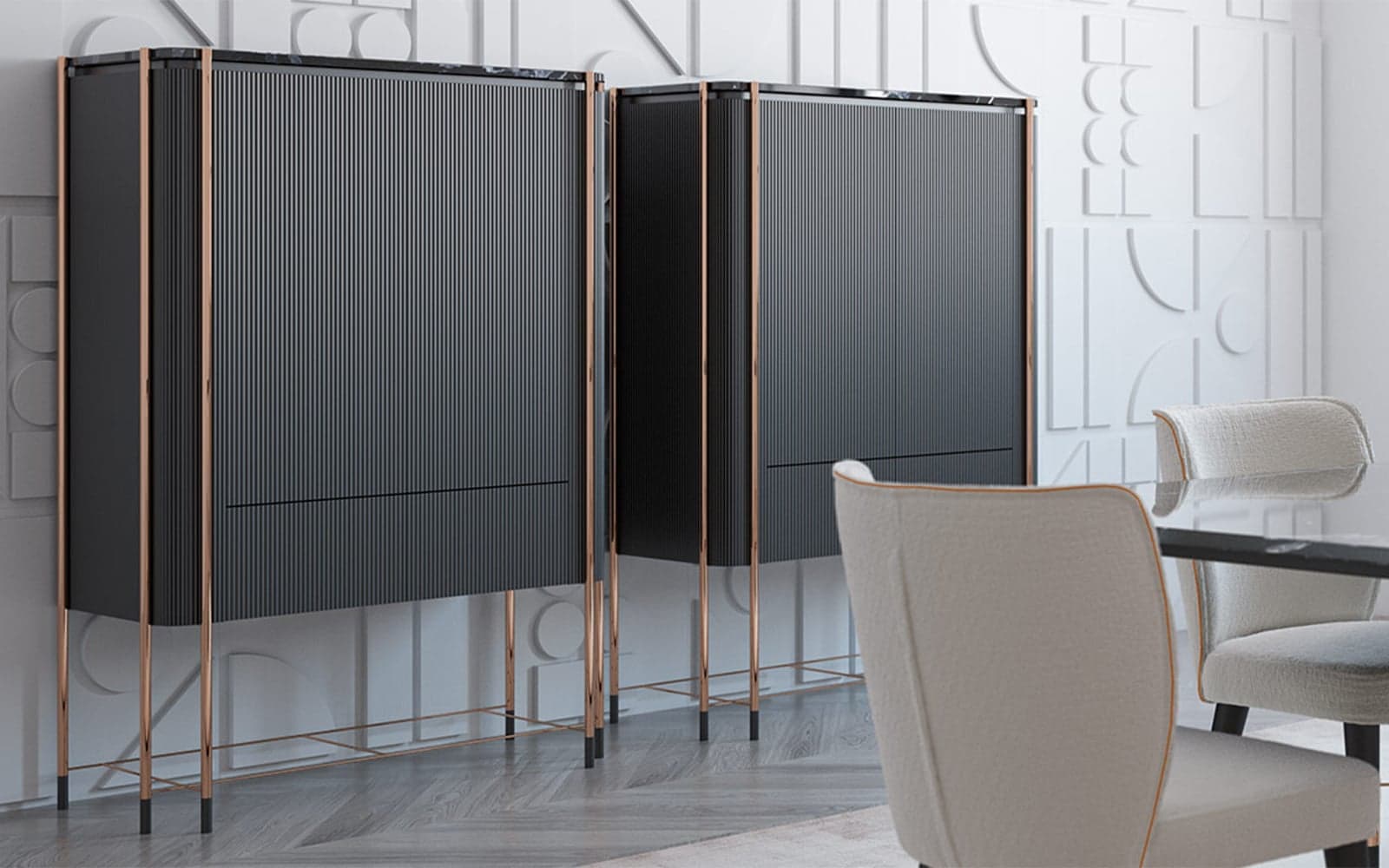 Bufet Înalt Calista, Negru-Rose Gold, L 104 x A 50 x H 150 cm