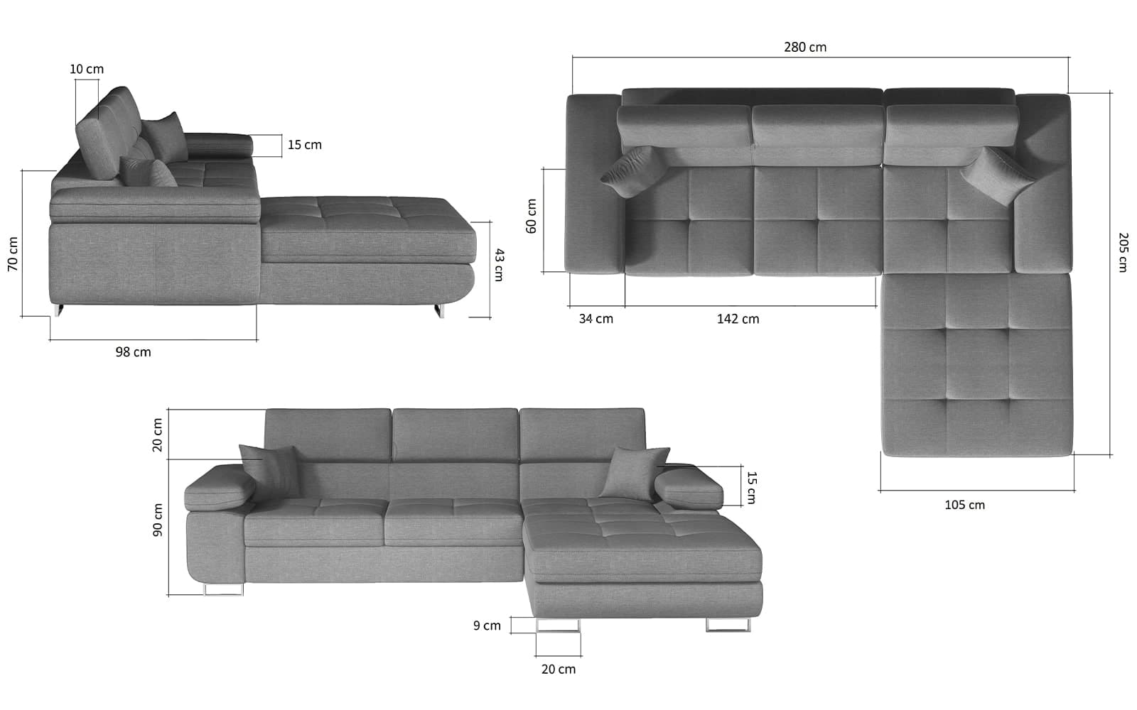 Colțar Extensibil Celis, 280x205cm, Ladă Depozitare, Personalizabil