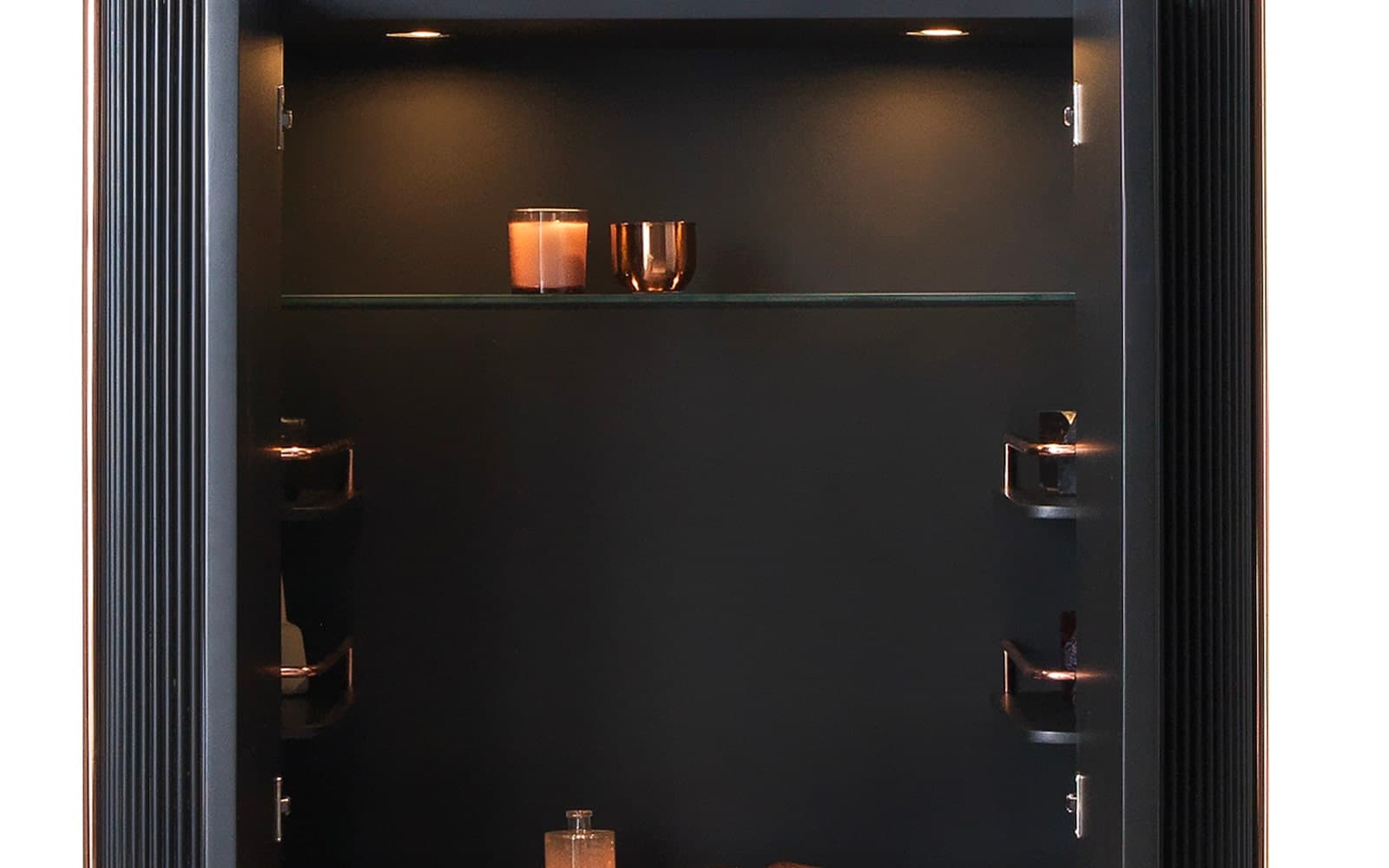 Bufet Înalt Calista, Negru-Rose Gold, L 104 x A 50 x H 150 cm din lemn masiv