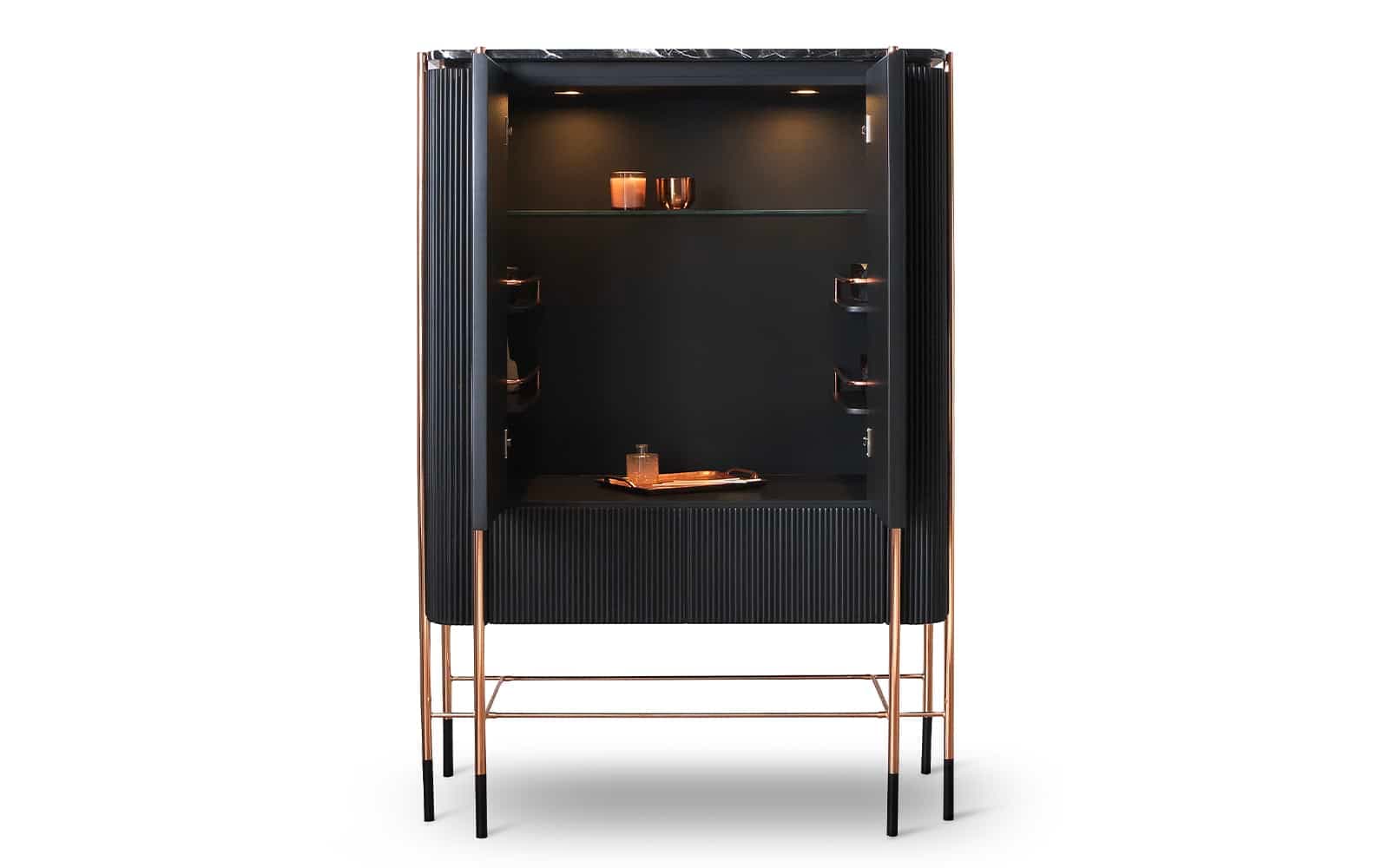 Bufet Înalt Calista, Negru-Rose Gold, L 104 x A 50 x H 150 cm din lemn masiv