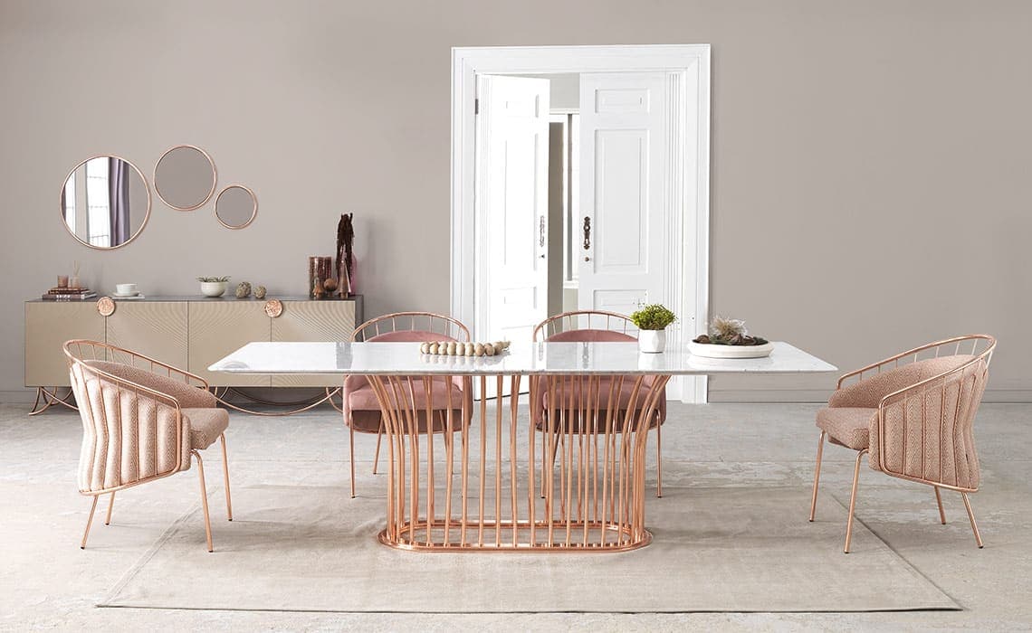 Masă Dining Anette, Cadru metalic, Rose-Gold, 100 x 240 x 75 cm
