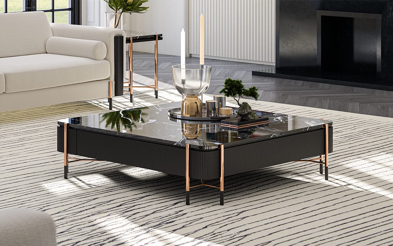 Masă Cafea Calista, Negru-Rose Gold, L 120 x A 120 x H 35 cm din lemn masiv
