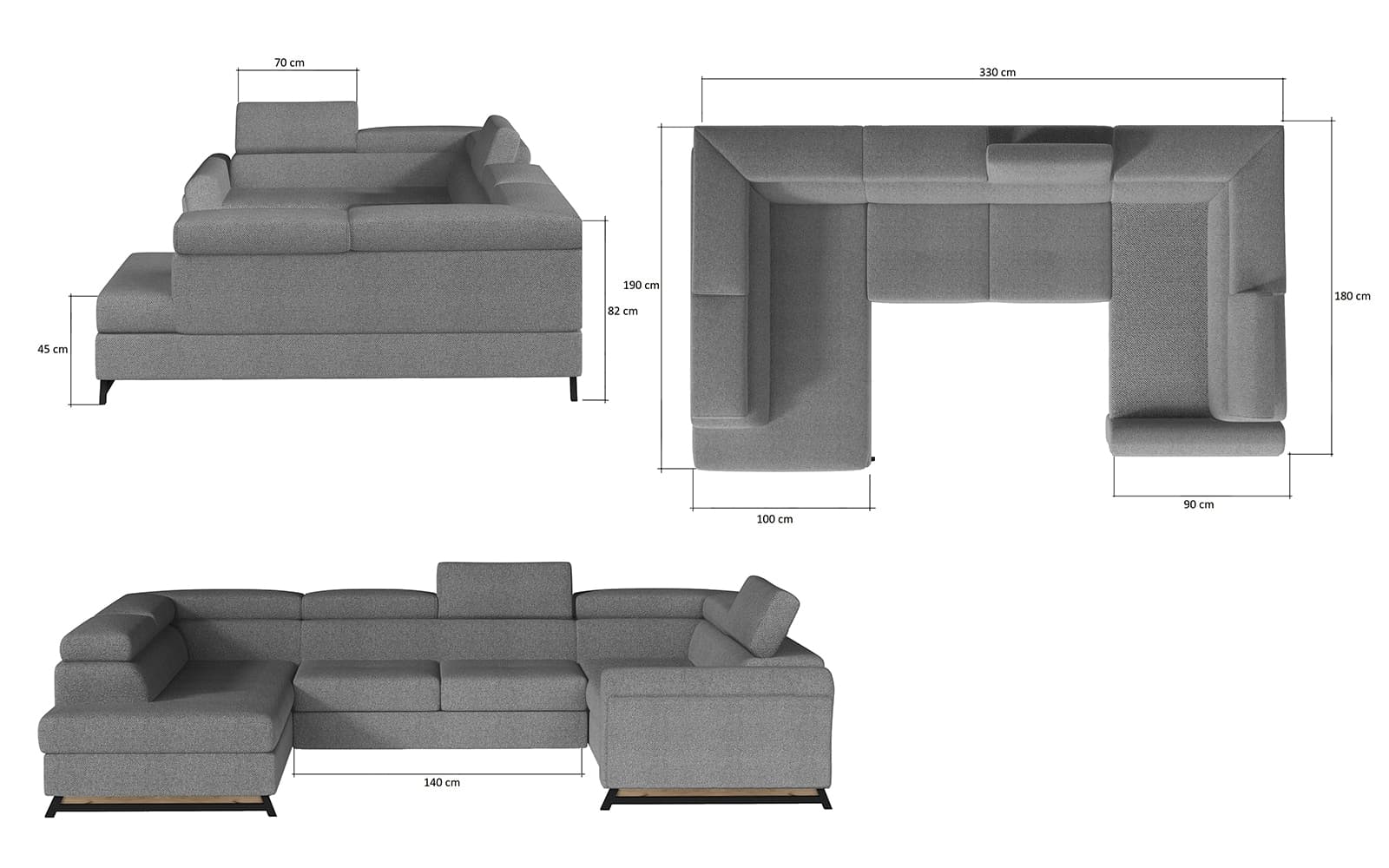 Colțar Formă U, Extensibil Amira, 330x190cm, Personalizabil din lemn masiv