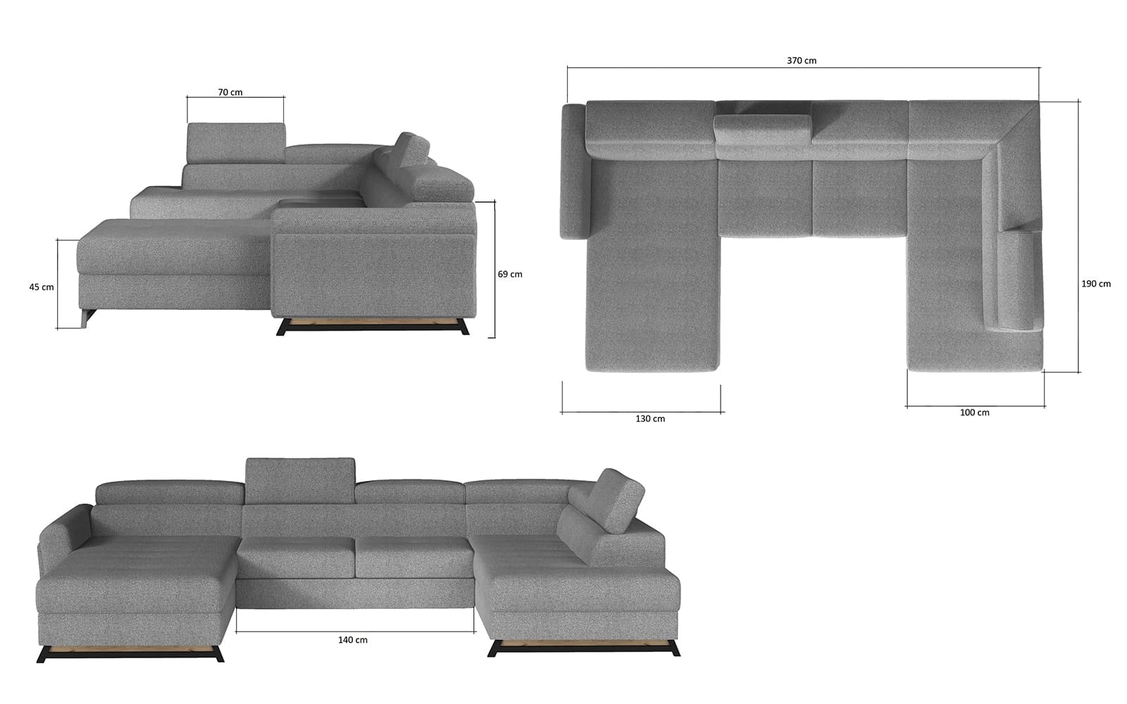 Colțar Formă U, Extensibil Joy, 370x190cm, Personalizabil din lemn masiv
