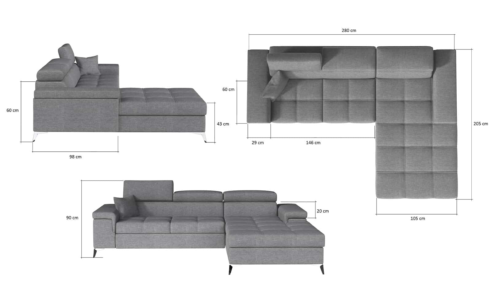 Colțar Extensibil Rita, 280x205cm, Ladă Depozitare, Personalizabil din lemn masiv