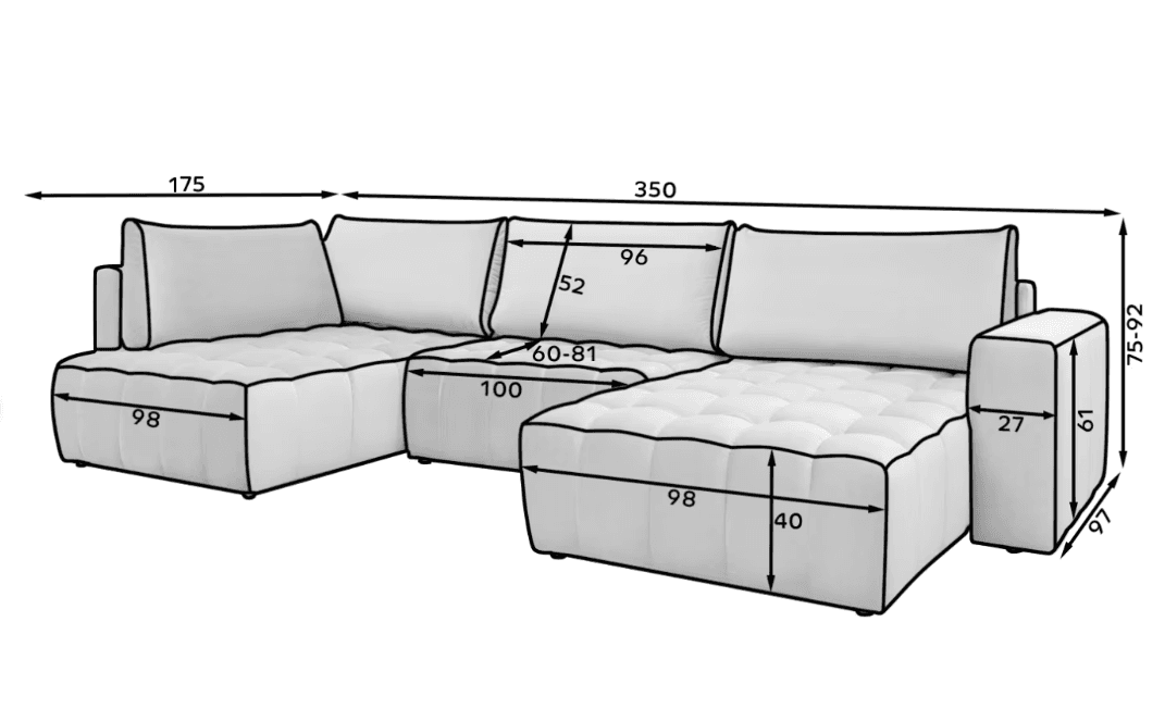 Colțar Formă U, Extensibil Bonnie, 350x175cm, Personalizabil din lemn masiv