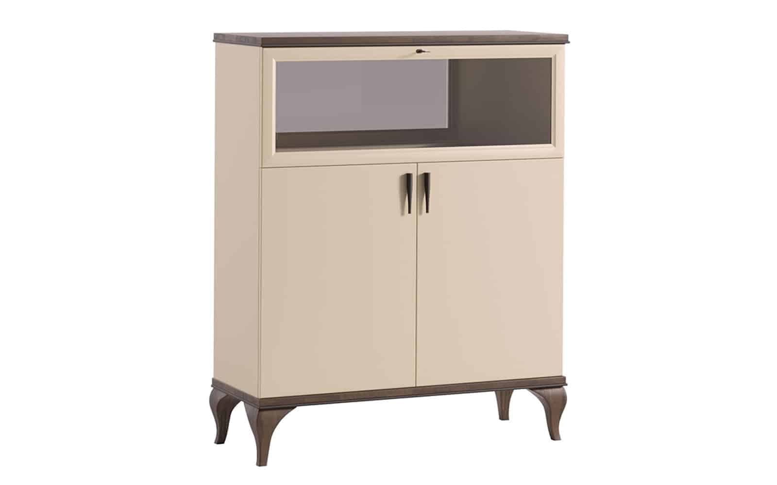 Comoda bar Leona, 112x42x135cm, Crem-Nuc din lemn masiv