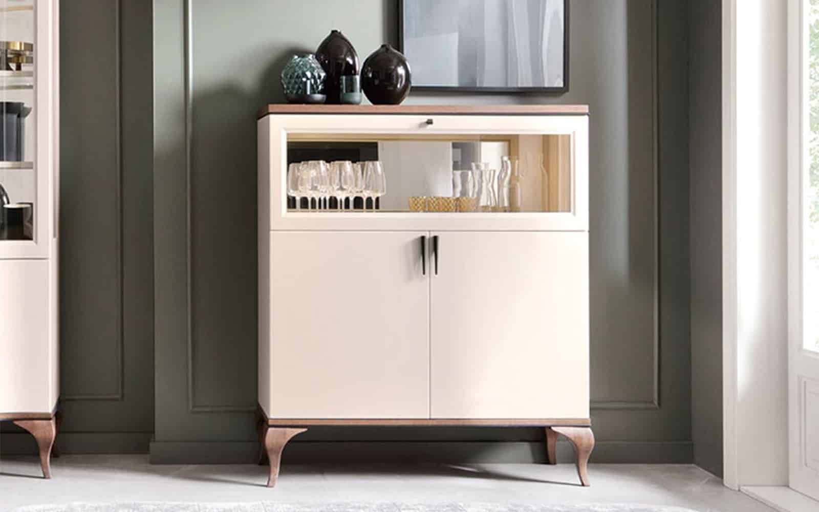 Comoda bar Leona, 112x42x135cm, Crem-Nuc din lemn masiv