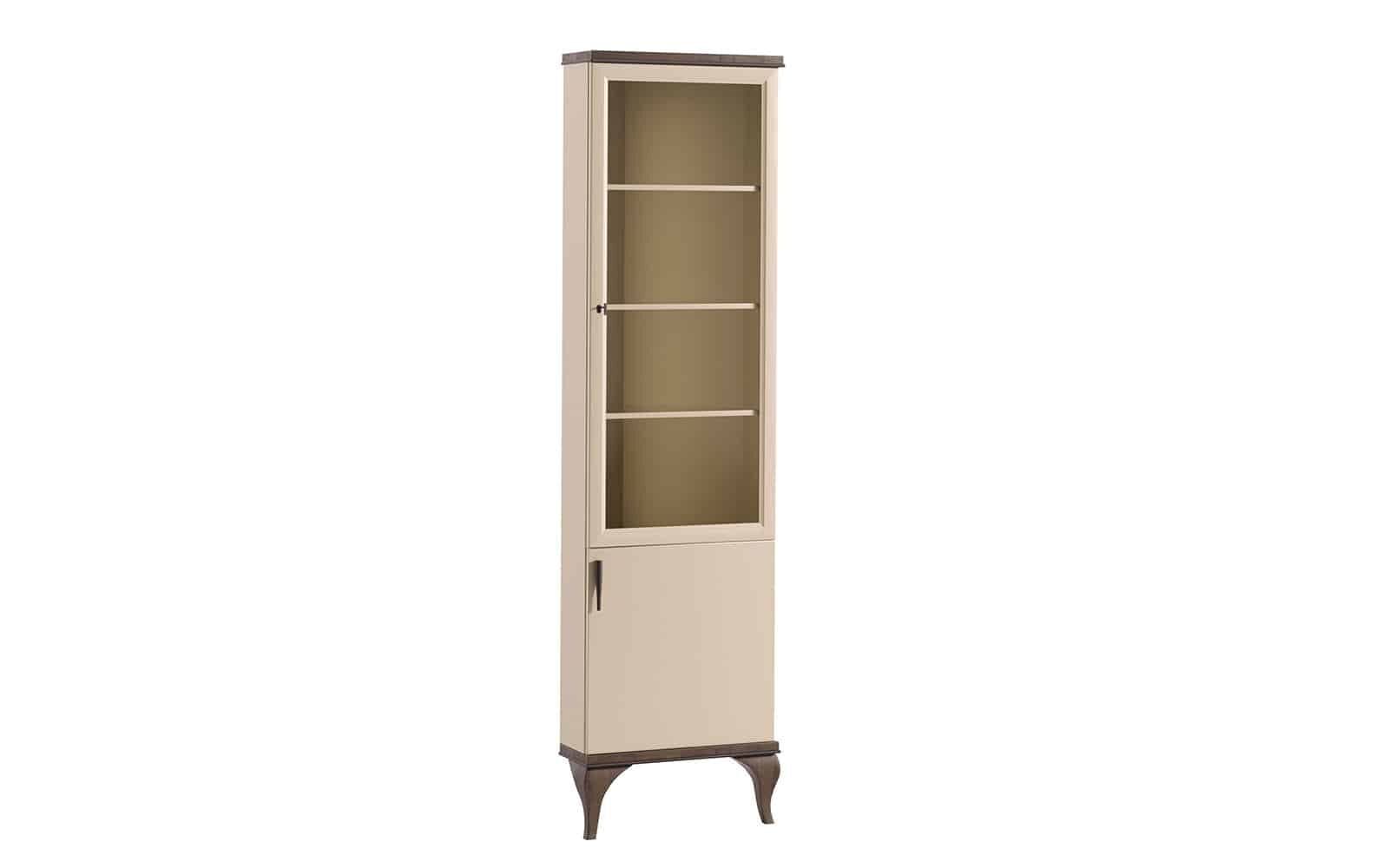 Vitrina de colt Leona, 56x50x205cm, Crem-Nuc din lemn masiv