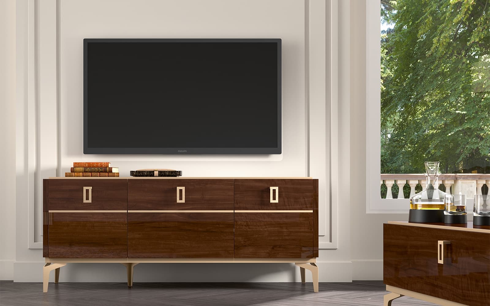 Comodă TV Devon, 140x49x59cm, Nuc Lucios