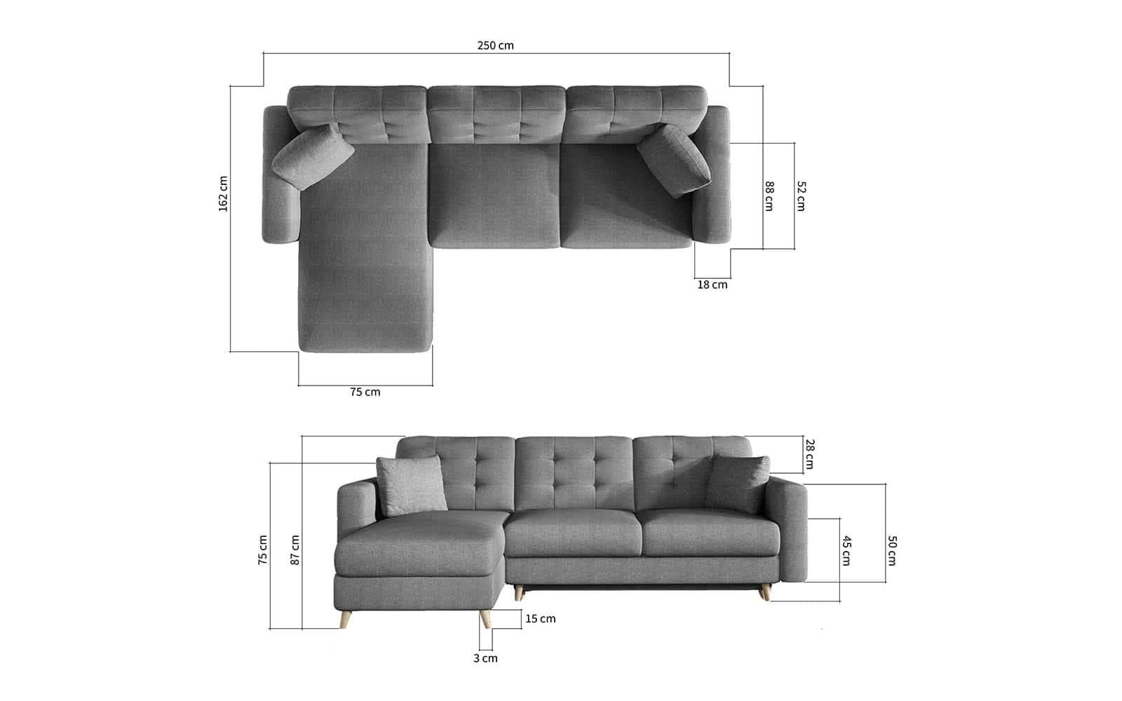 Colțar Extensibil Oslo, 250x162cm, Ladă Depozitare, Personalizabil din lemn masiv