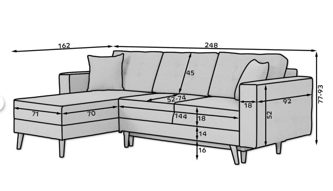Colțar Extensibil Oslo, 248x162cm, Ladă Depozitare, Personalizabil din lemn masiv