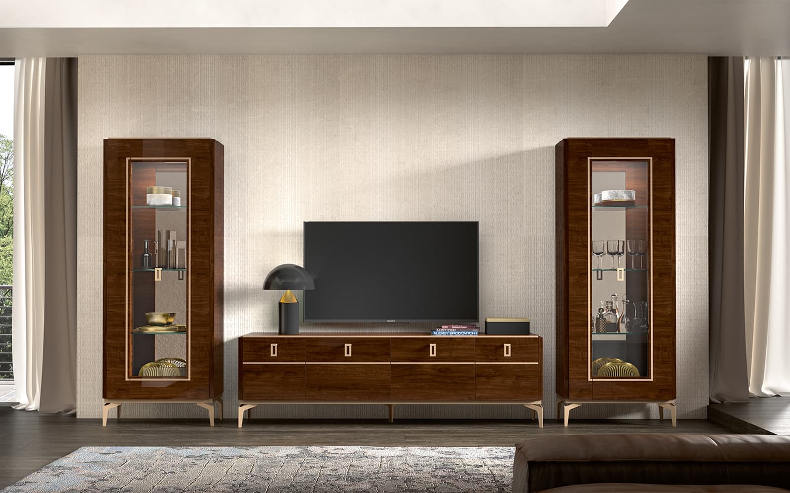 Set Living Devon, 3 Piese, Nuc Lucios din lemn masiv