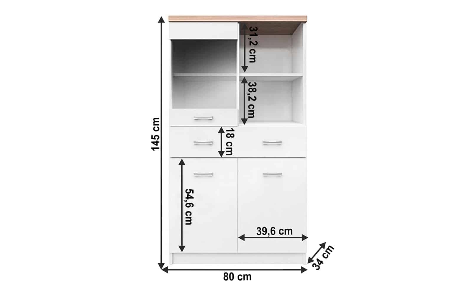 Vitrină Topty Typ 02, 80x145x34cm, alb/stejar sonoma din lemn masiv