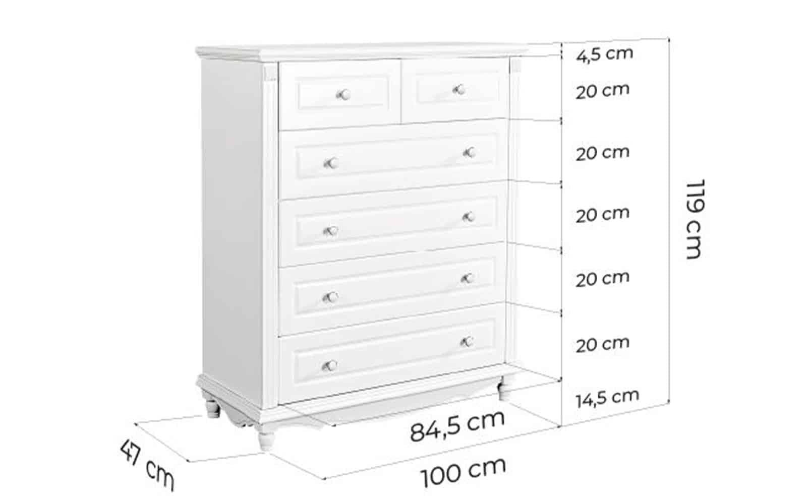 Comoda Elizabeth, 6 sertare, 100x47x119cm, Alb