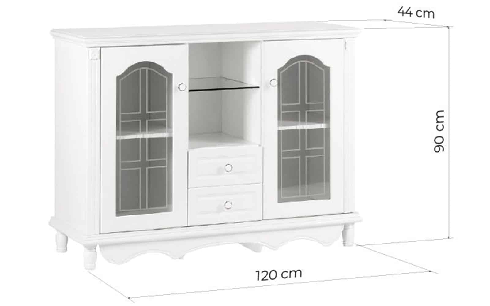 Comoda Elizabeth, Uși si Raft de Sticla, 120x44x90cm, Alb