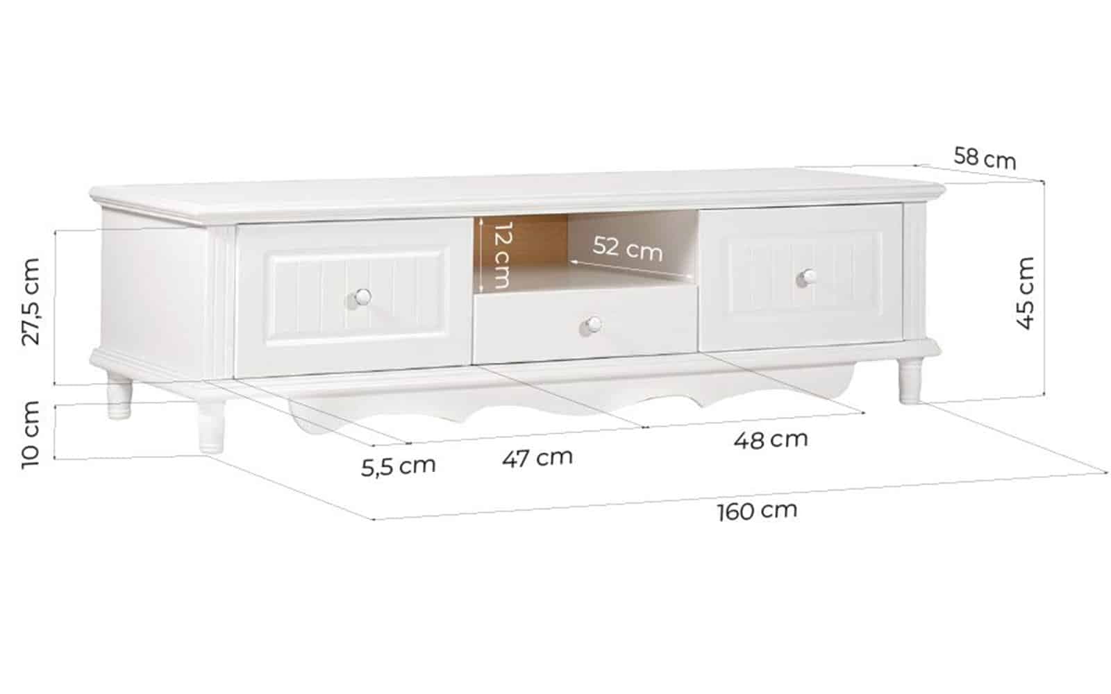 Comoda TV Elizabeth, 160x58x45cm, Alb din lemn masiv