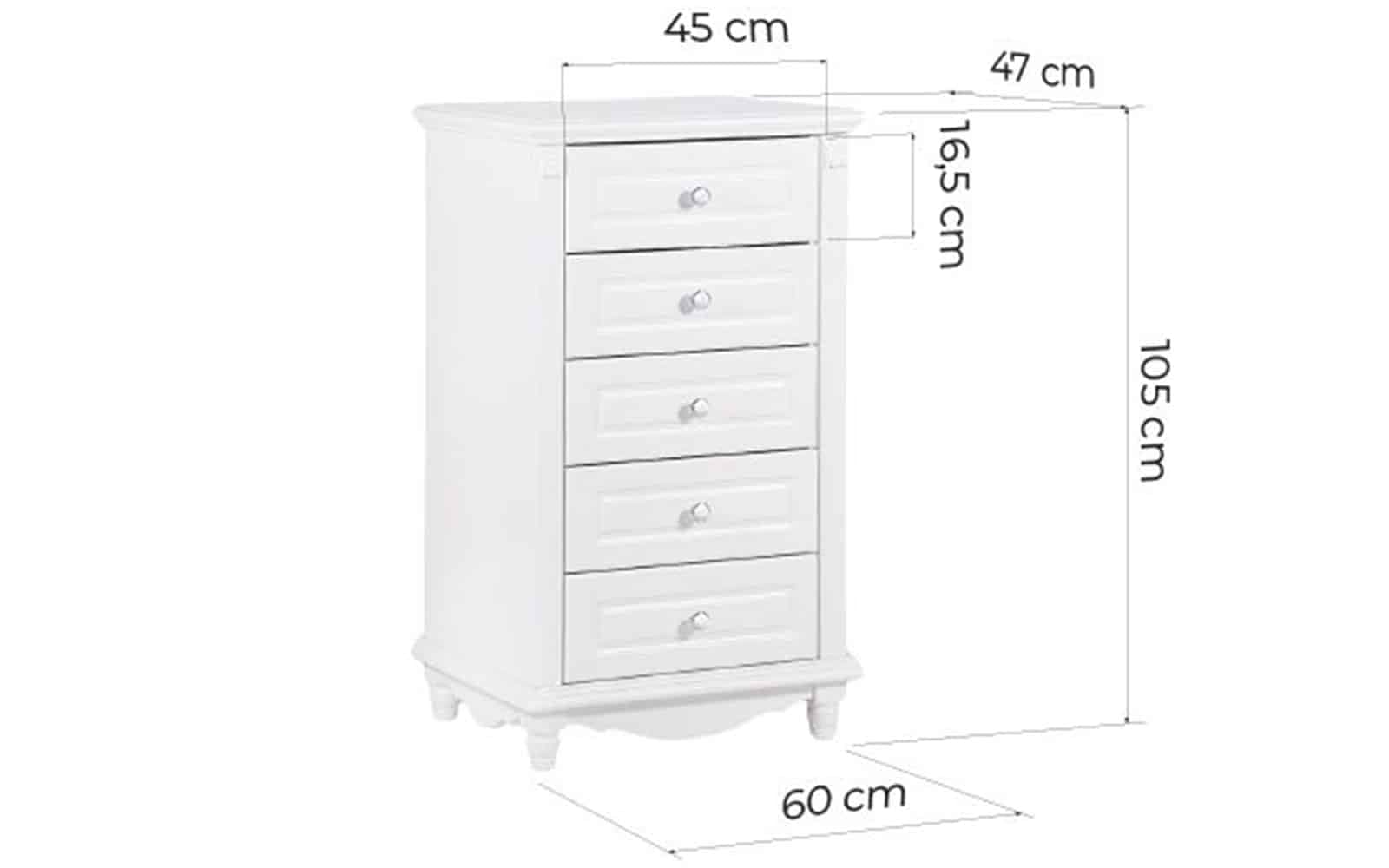Comodă cu 5 sertare Elizabeth, 60x47x105cm, Alb
