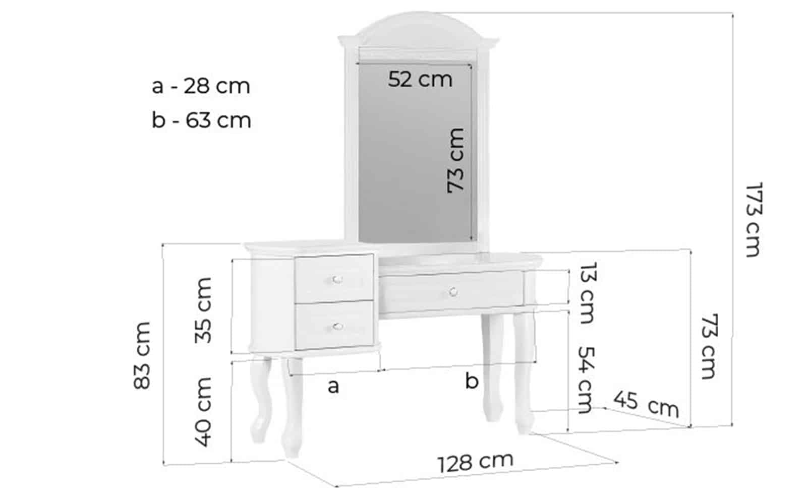 Masa de toaleta cu oglinda Elizabeth, 128x45x173cm, Alb din lemn masiv
