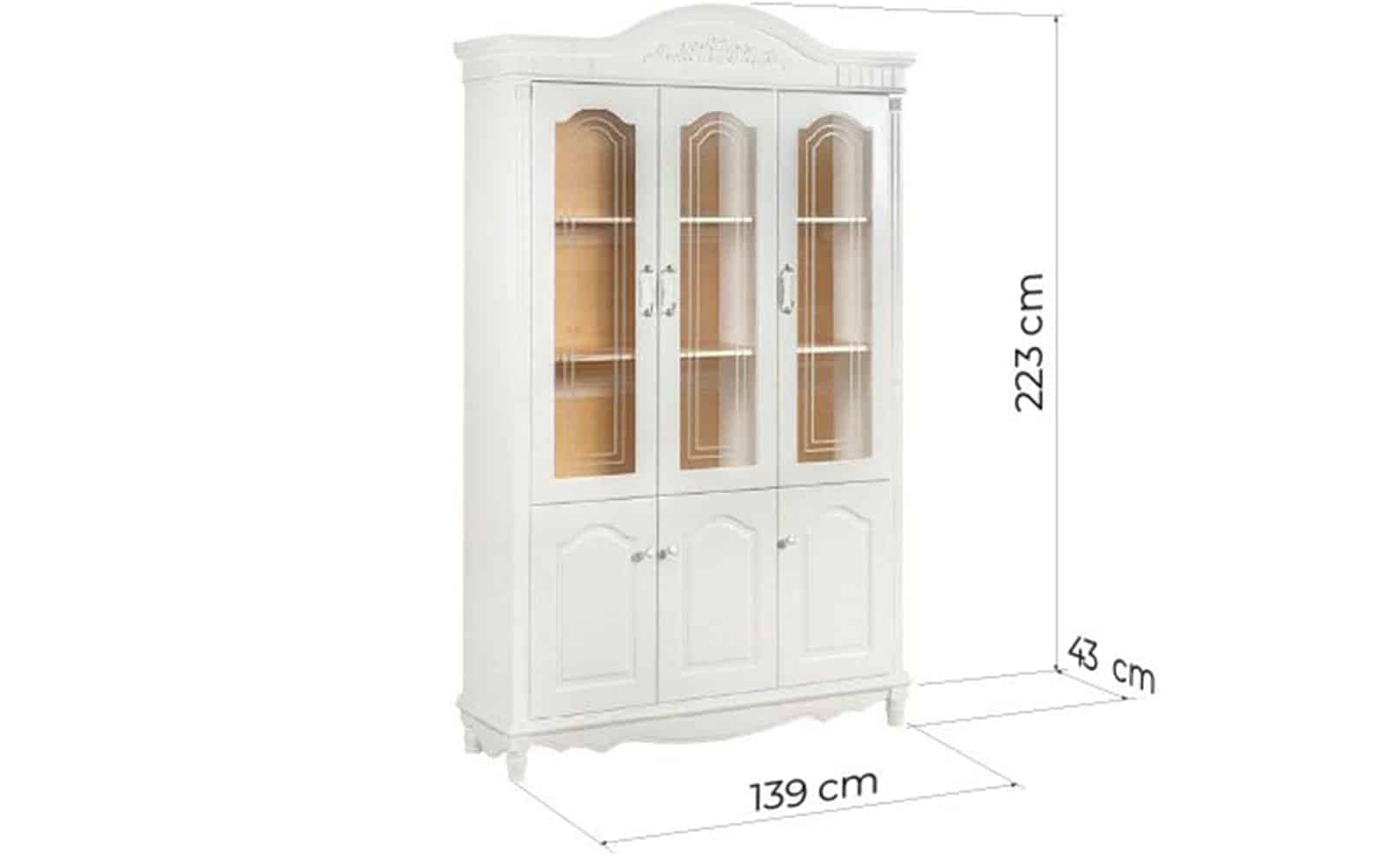 Vitrina Elizabeth, 3 Uși, 139x43x223cm, Alb din lemn masiv