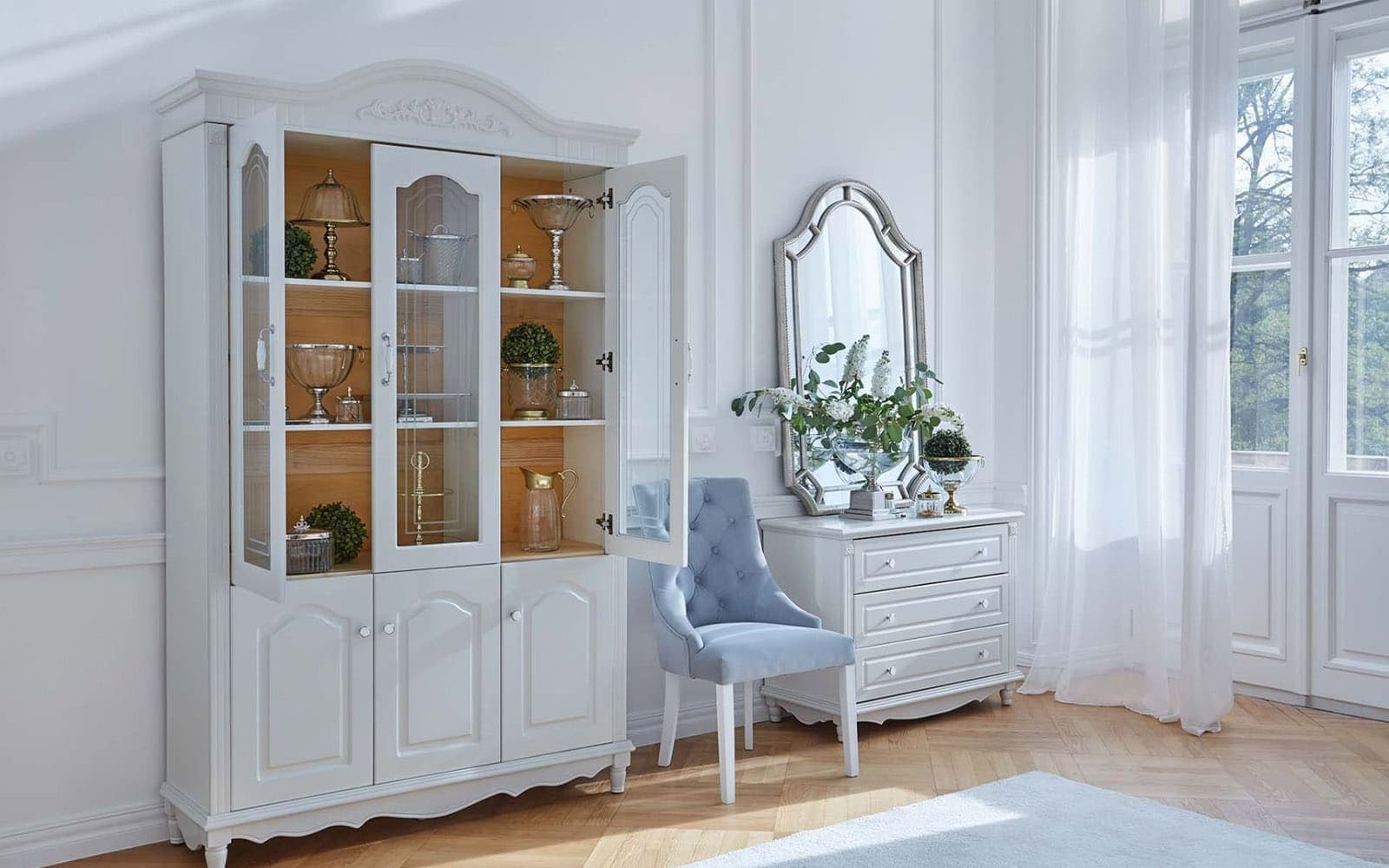 Vitrina Elizabeth, 3 Uși, 139x43x223cm, Alb din lemn masiv