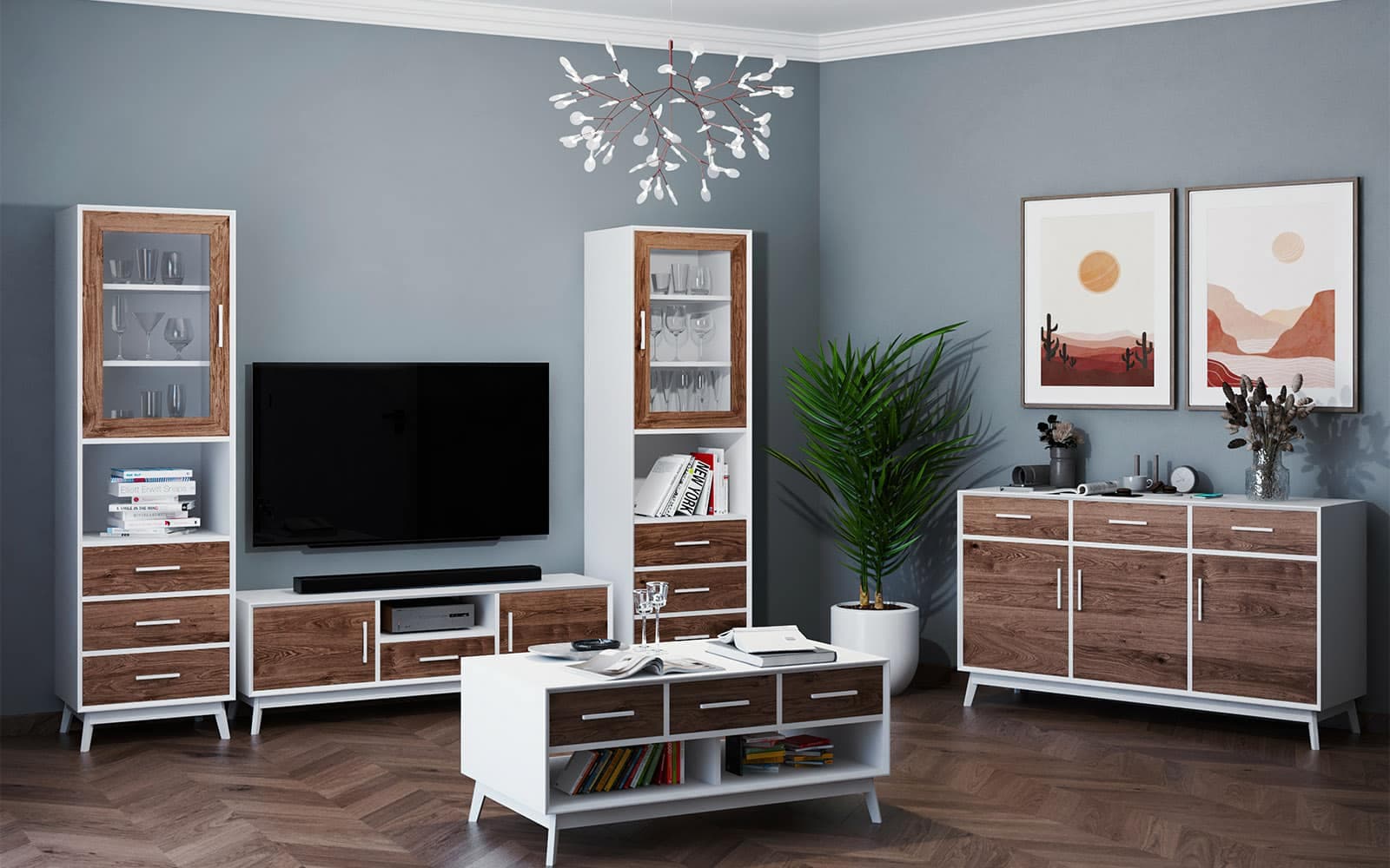 Comoda TV Timeless, 1 Sertar 2 Uși  1 Nișă, Lemn Masiv, 146x40x48 cm, Alb