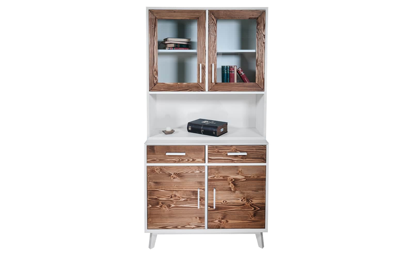 Bufet Timeless 2 Corpuri, 2 Sertare 4 Uși, Lemn Masiv, 98x45/35x190 cm, Alb