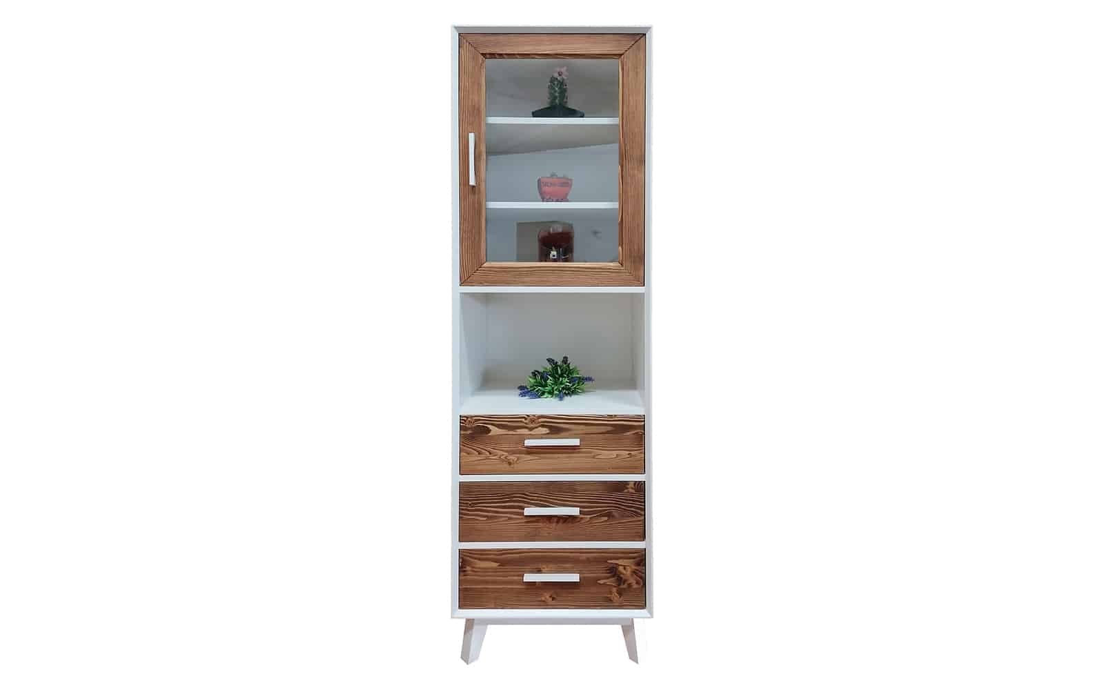 Vitrina Timeless, 3 Sertare 1 Ușă 1 Nișă, Lemn Masiv, 55x45x190 cm, Alb