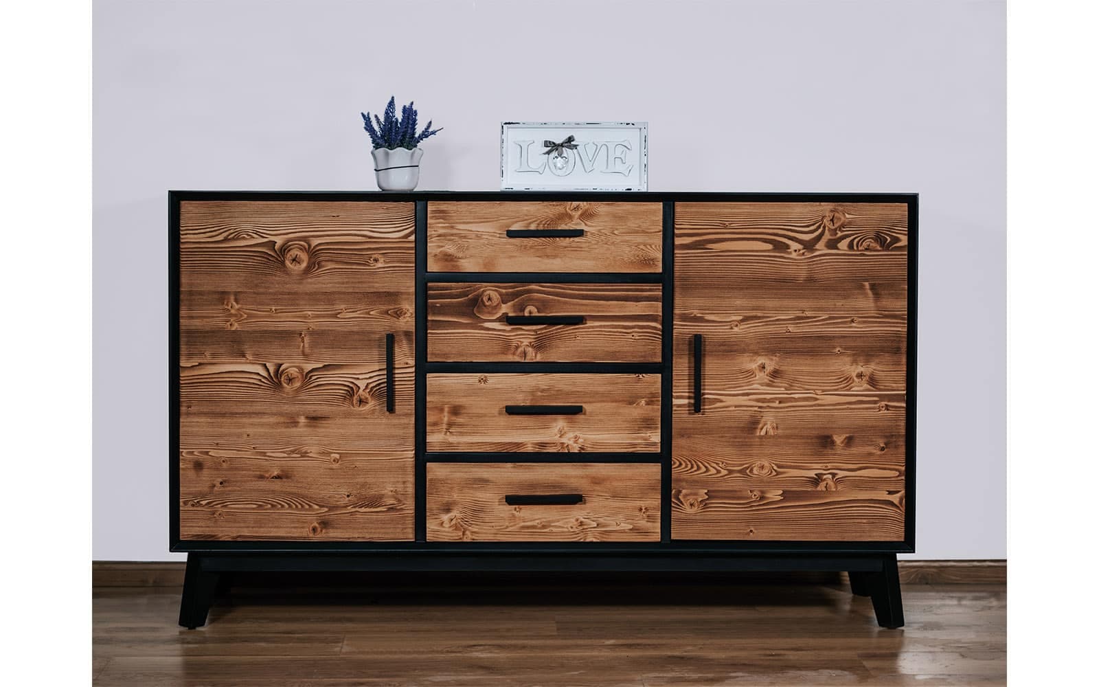 Comoda Timeless, 4 Sertare 2 Uși, Lemn Masiv, 146x45x85 cm, Negru