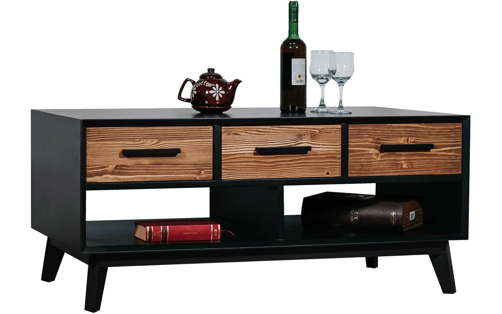 Măsuță de cafea Timeless, 3 Sertare 2 Nișe, Lemn Masiv, 110x62x48 cm, Negru