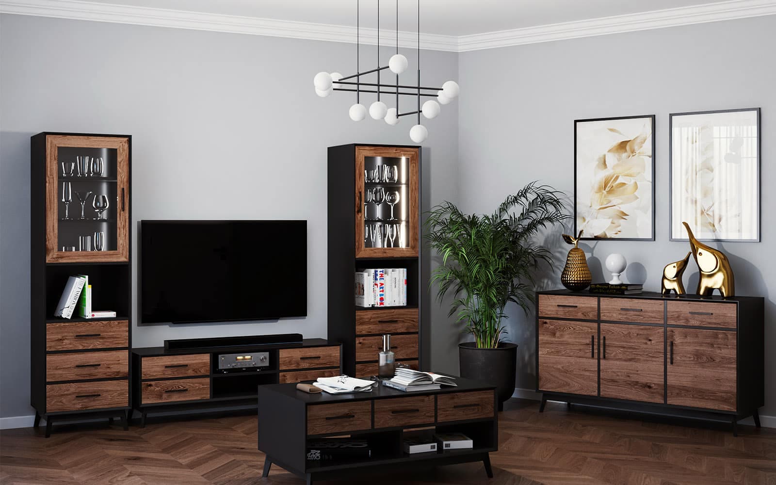 Comodă Timeless, 3 Sertare 3 Uși, Lemn Masiv, 146x45x85 cm, Negru