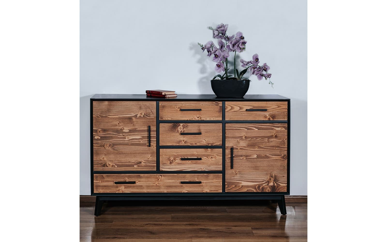Comoda Timeless, 5 Sertare 2 Uși, Lemn Masiv, 146x45x85 cm, Negru