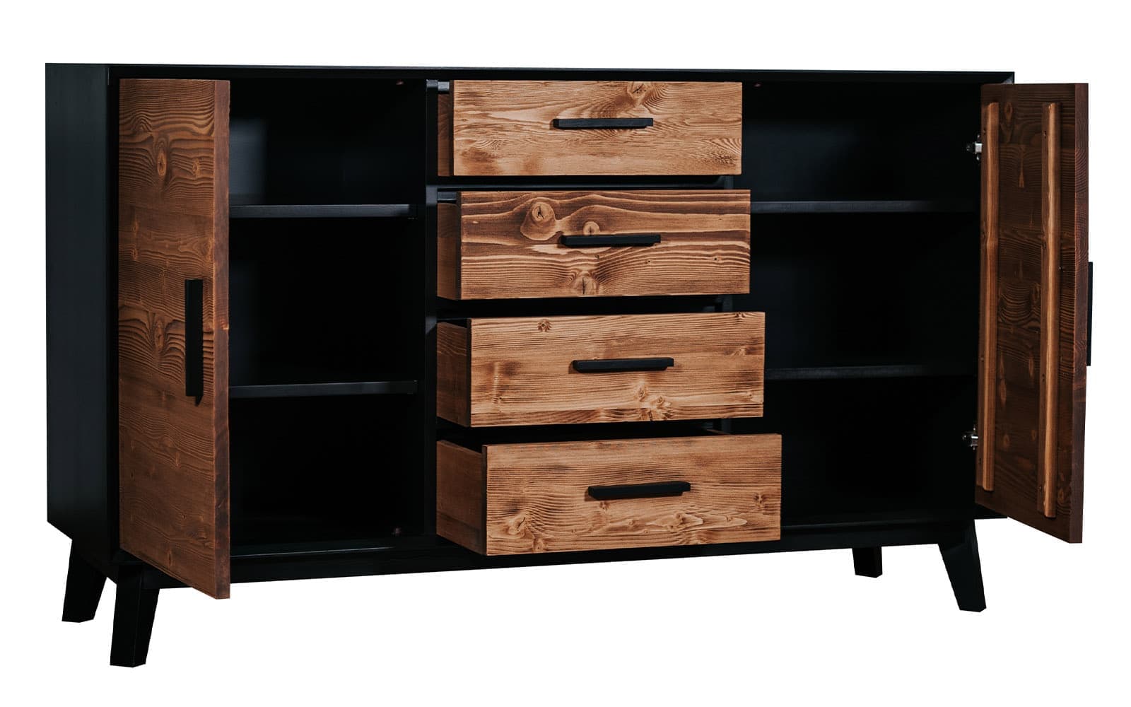 Comoda Timeless, 4 Sertare 2 Uși, Lemn Masiv, 146x45x85 cm, Negru