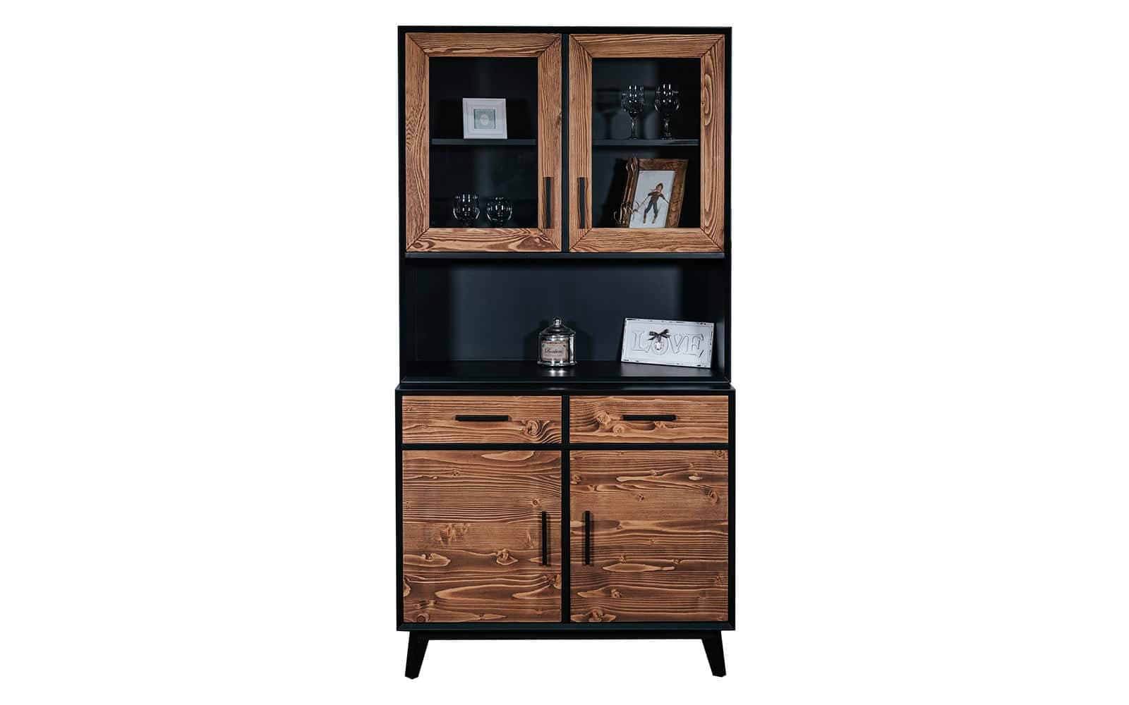 Bufet Timeless 2 Corpuri, 2 Sertare 4 Uși, Lemn Masiv, 98x45/35x190 cm, Negru