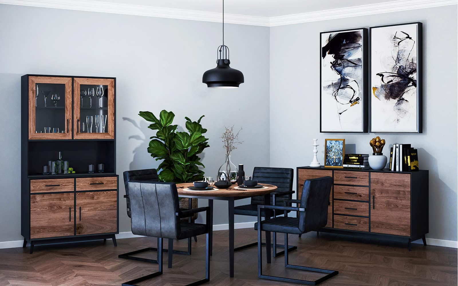 Bufet Timeless 2 Corpuri, 2 Sertare 4 Uși, Lemn Masiv, 98x45/35x190 cm, Negru