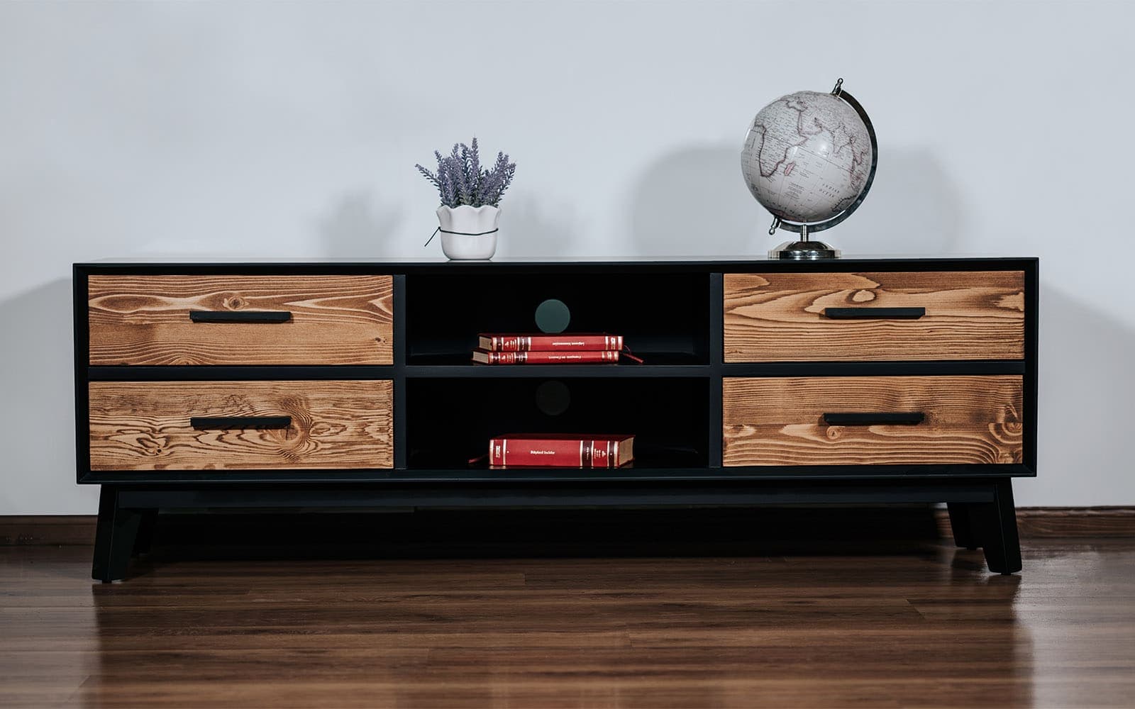 Comoda TV Timeless, 4 Sertare  2 Nișe, Lemn Masiv, 146x40x48 cm, Negru