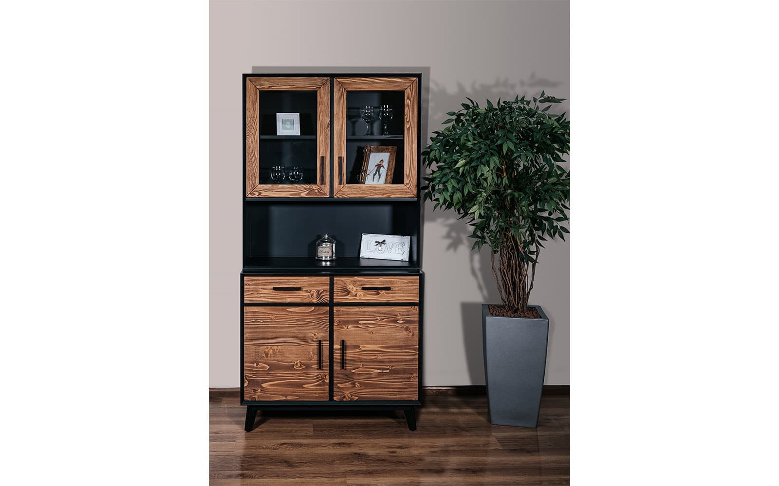 Bufet Timeless 2 Corpuri, 2 Sertare 4 Uși, Lemn Masiv, 98x45/35x190 cm, Negru