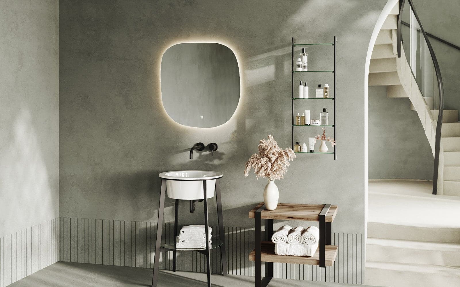 Oglinda cu iluminare LED si acționare touch, 68x70cm din lemn masiv