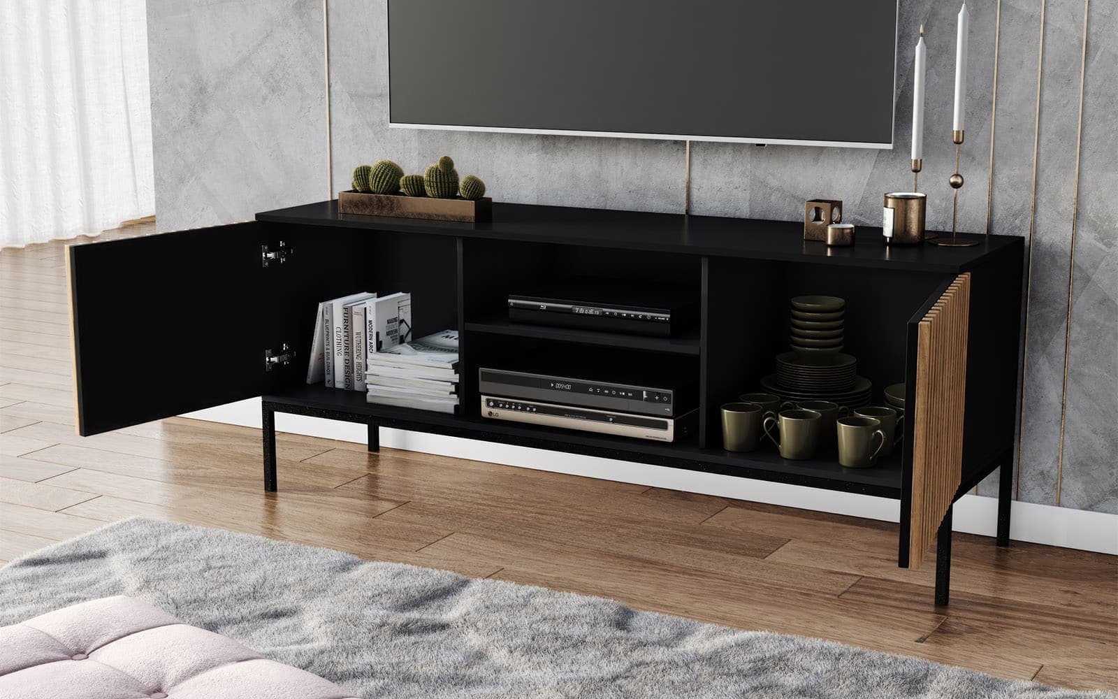 Comodă TV Sia, 150x40x60cm, Negru din lemn masiv