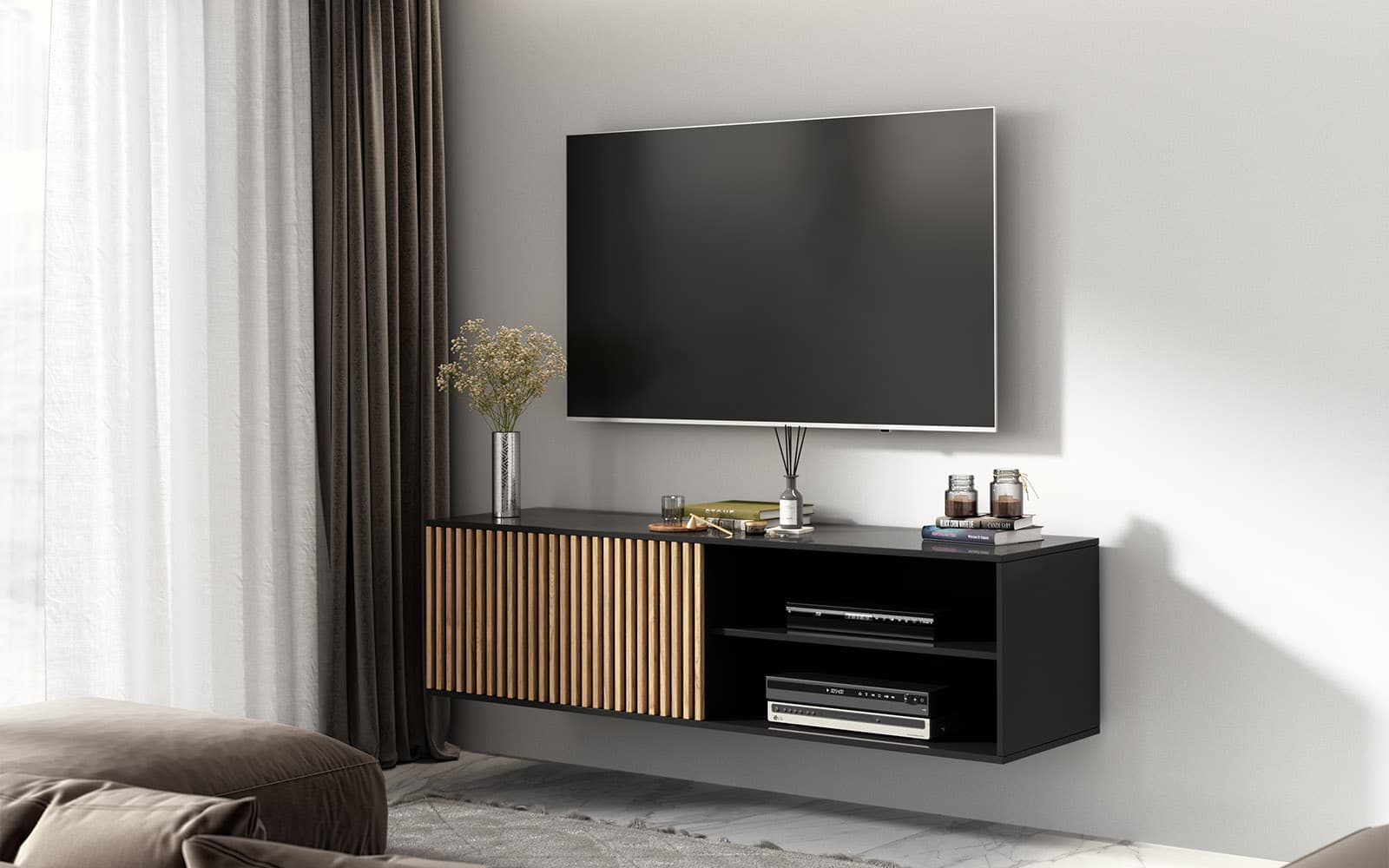 Comodă TV Suspendată Sia, 150x40x40cm, Negru din lemn masiv