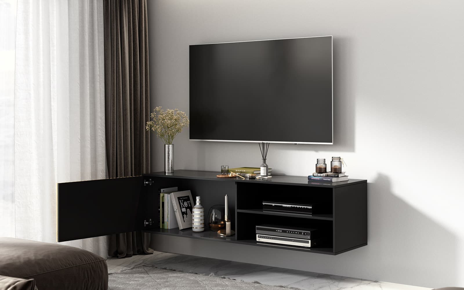 Comodă TV Suspendată Sia, 150x40x40cm, Negru din lemn masiv
