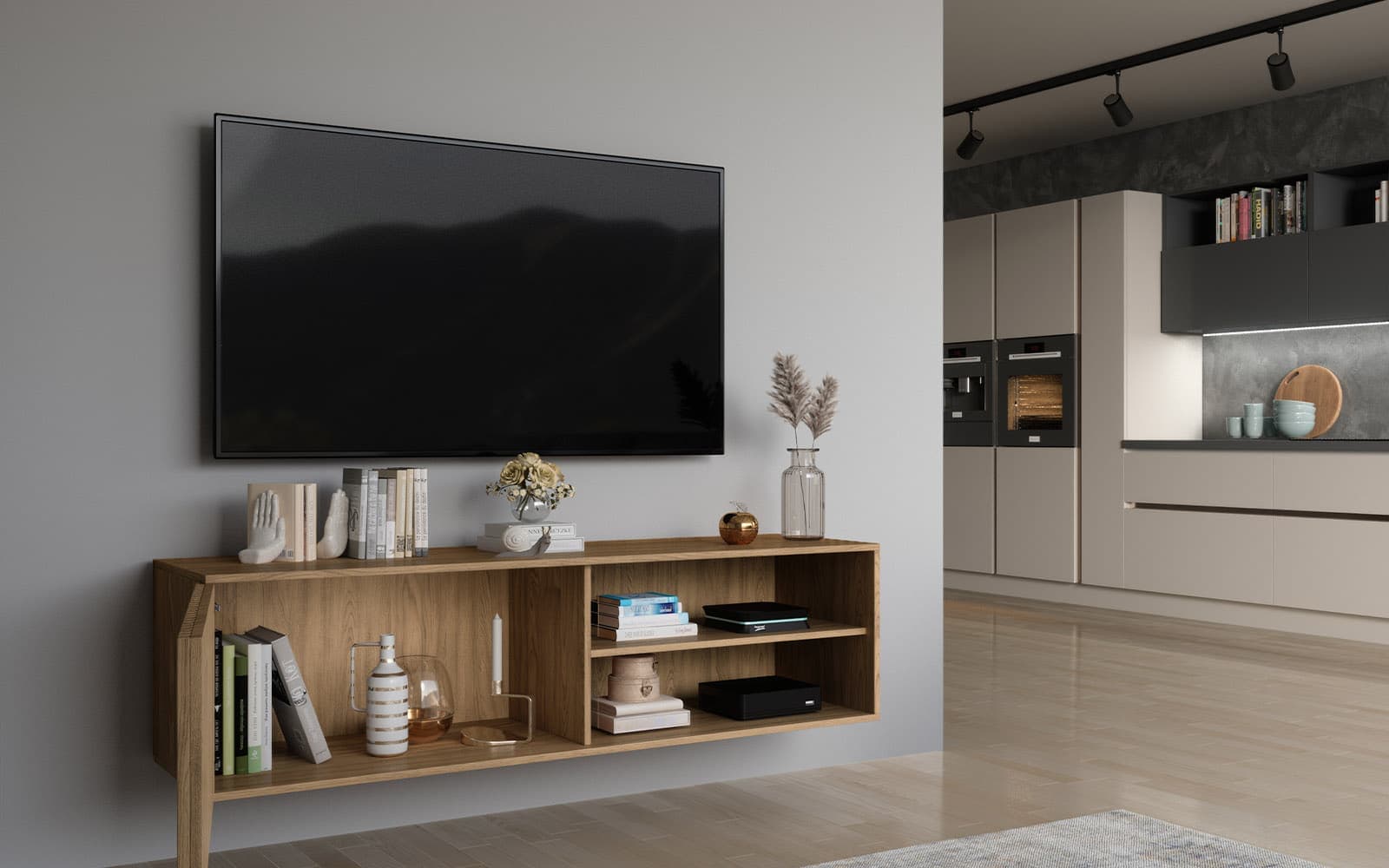 Comodă TV Suspendată Sia, 150x40x40cm, Nature din lemn masiv