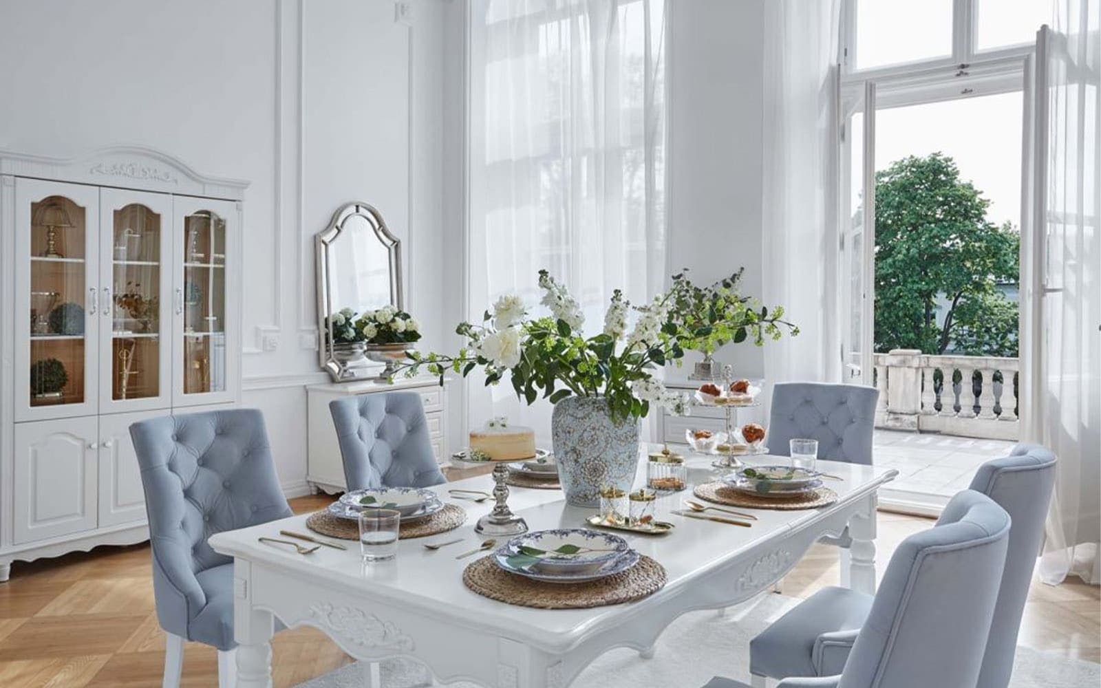 Scaun Dining Paris, 56x65x98cm, Blue/Beige din lemn masiv