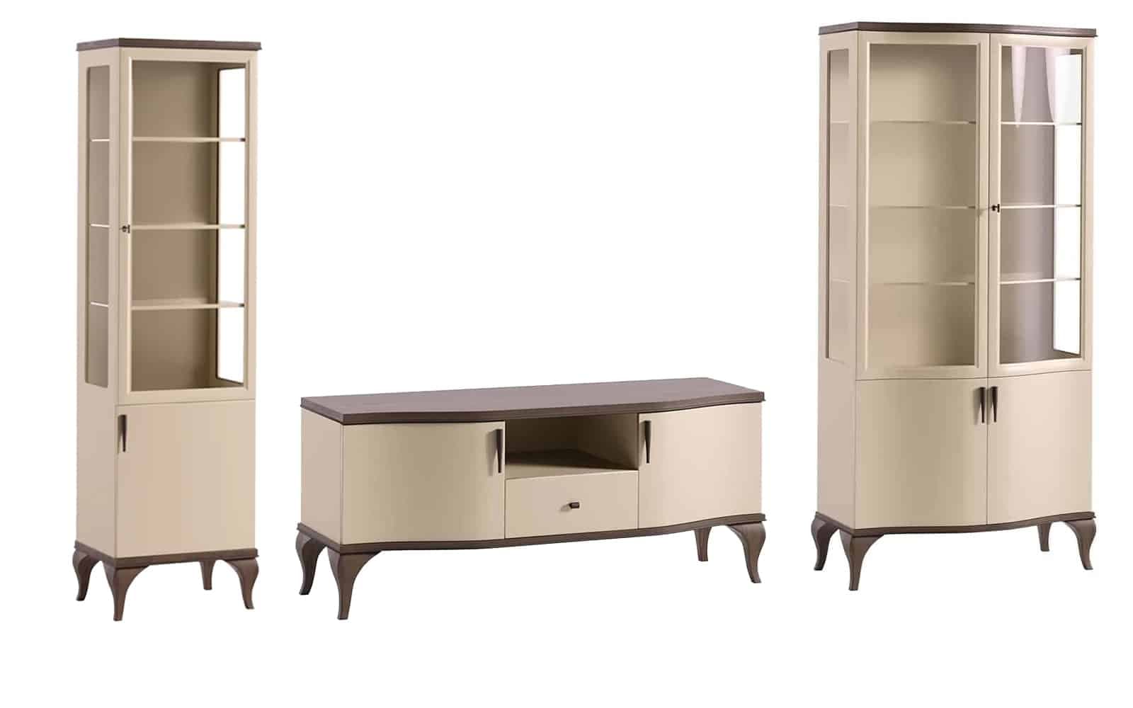 Set Living Leona, 3 Piese, Crem-Nuc din lemn masiv